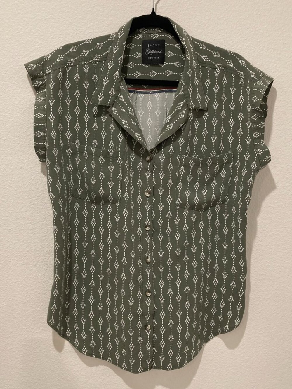 JACHS Girlfriend Green White Geometric Print Camp Shirt L